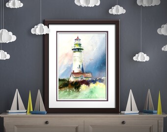 Lighthouse Watercolor PRINT. Yaquina Head Light. Oregon Coast Painting. Pacific Northwest Art. Newport, Oregon Lighthouse. Lighthouse Decor.