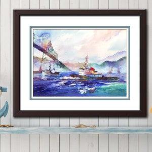 Tugboat Decor, Watercolor Tugboat PRINT, Tugboat Painting. Astoria, Oregon Bridge Painting. Pacific Northwest Print. Gift for Tugboat Lover