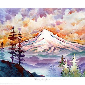 Mt Hood Sunset Watercolor Print, Oregon Wall Art image 2
