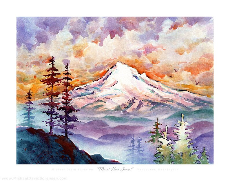 Mt Hood Sunset Watercolor Print, Oregon Wall Art image 2