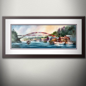 Rainbow Bridge - Watercolor PRINT by Michael David Sorensen. La Conner Washington Artwork. Boats. -Pacific Northwest Waterfront Painting.