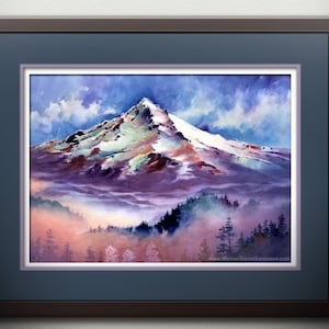 Impressão de pintura em aquarela do Monte Hood, Oregon. Arte paisagística de montanhas do noroeste do Pacífico. Monte Hood.