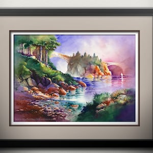 Deception Pass Watercolor Painting PRINT. Pacific Northwest Art. Washington State Parks. Whidbey Island Bridges. Puget Sound. Green. Orange