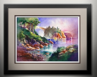 May include: Watercolor painting of a bridge over a body of water with a rocky shore and lush green trees. The sky is a vibrant purple and pink with a hint of orange. The water is a deep blue with reflections of the sky and trees.
