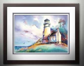 Pacific Northwest Lighthouse Watercolor Painting PRINT. Heceta Head Light, Florence, Oregon. Colorful Oregon Coast Art.