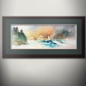 Moon Over Deception Pass Watercolor PRINT. Sailboat Painting. Puget Sound. Whidbey Island Art. Pacific Northwest Wall Decor. Nautical Print.