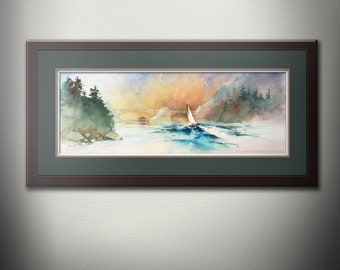 Moon Over Deception Pass Watercolor PRINT. Sailboat Painting. Puget Sound. Whidbey Island Art. Pacific Northwest Wall Decor. Nautical Print.