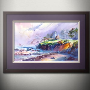 Watercolor Lighthouse PRINT. Ocean Print. Lighthouse Decor. Colorful Watercolor Painting. Beach Art. Coastal Art. Lighthouse Painting.