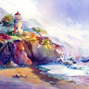 May include: A watercolor painting of a lighthouse on a cliff overlooking a crashing ocean. The lighthouse is white with a red roof and is surrounded by colorful foliage. The ocean is a vibrant blue with white waves crashing against the shore. The sky is a soft purple with white clouds.