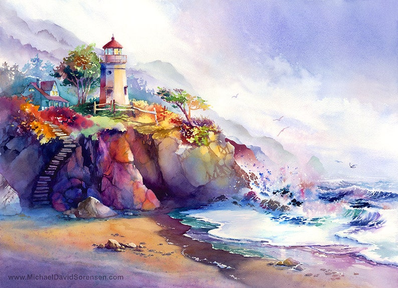 May include: A watercolor painting of a lighthouse on a cliff overlooking a crashing ocean. The lighthouse is white with a red roof and is surrounded by colorful foliage. The ocean is a vibrant blue with white waves crashing against the shore. The sky is a soft purple with white clouds.