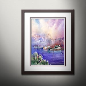 Newport Bay Art PRINT. Fishing Boat Watercolor Painting. Oregon Coast Wall Decor Newport, Oregon Bridge Pacific Northwest Artwork PNW Artist
