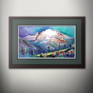 Mt Rainier From Sunrise Meadows Watercolor Painting PRINT. Mount Rainier Pacific Northwest Mountain Art. Washington State. PNW
