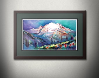 Mt Rainier From Sunrise Meadows Watercolor Painting PRINT. Mount Rainier Pacific Northwest Mountain Art. Washington State. PNW