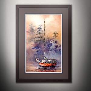 May include: A watercolor painting of a sailboat in a foggy harbor. The sailboat is red and white with a blue and white striped sail. The background is a soft, hazy blue and purple.