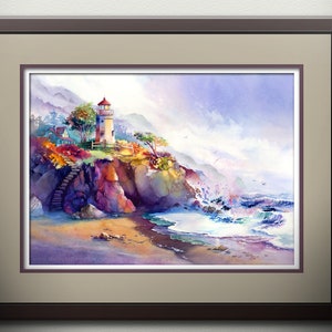 May include: A watercolor painting of a lighthouse on a cliff overlooking a beach with crashing waves. The lighthouse is white with a red roof and is surrounded by trees and rocks. The sky is a soft blue with white clouds.