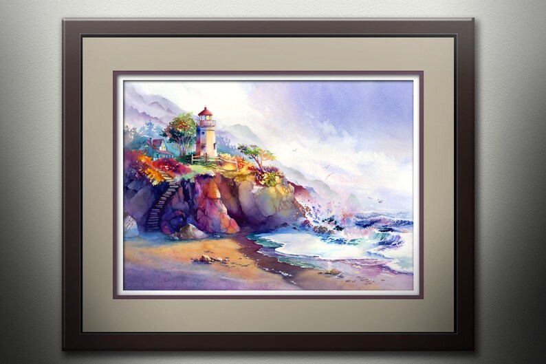 May include: A watercolor painting of a lighthouse on a cliff overlooking a beach with crashing waves. The lighthouse is white with a red roof and is surrounded by trees and rocks. The sky is a soft blue with white clouds.