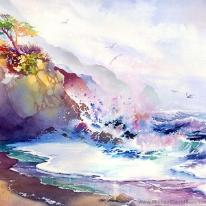 May include: A watercolor painting of a rocky coastline with crashing waves. The sky is a soft blue with white clouds. A lone tree grows on the cliffside. The painting is in a soft, muted color palette.