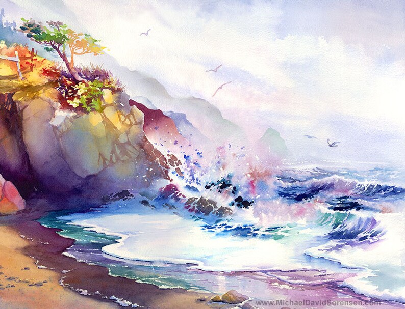 May include: A watercolor painting of a rocky coastline with crashing waves. The sky is a soft blue with white clouds. A lone tree grows on the cliffside. The painting is in a soft, muted color palette.