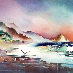 A Lazy Day at Cannon Beach Watercolor Art Print. Beach Painting. Oregon Coast. Haystack Rock. Orange. Blue. Blue Green. Sandy Beach. Ocean. image 3