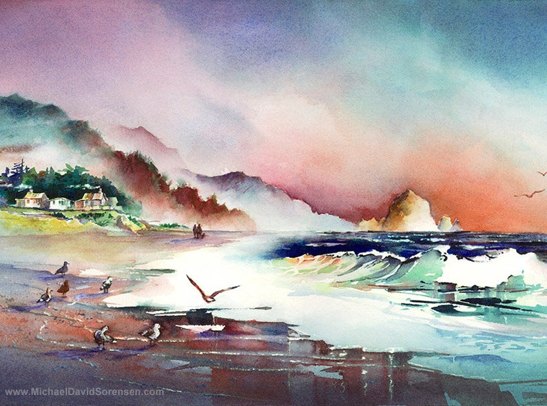 A Lazy Day at Cannon Beach Watercolor Art Print. Beach Painting. Oregon Coast. Haystack Rock. Orange. Blue. Blue Green. Sandy Beach. Ocean. image 3