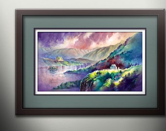 May include: A watercolor painting of a landscape with a river, mountains, and a small house. The sky is a vibrant purple and pink, with clouds. The river is a light blue, and the mountains are a dark green. The house is white with a red roof.