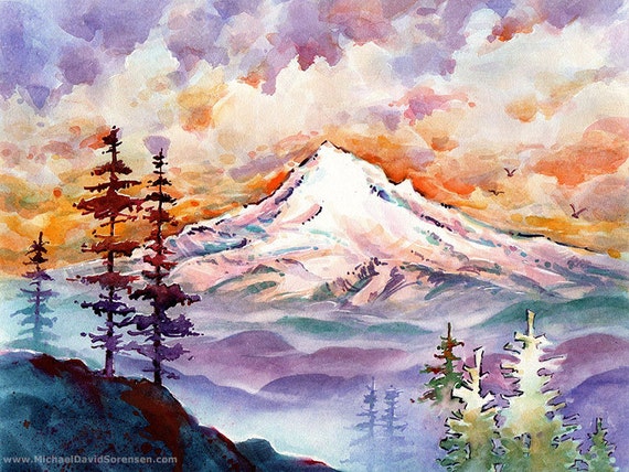 Mt Hood Sunset Watercolor Print, Oregon Wall Art