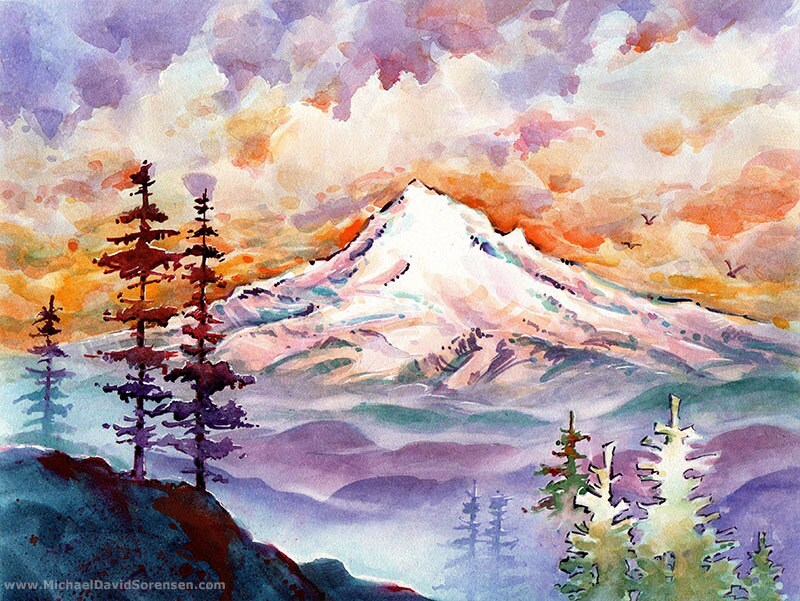 【DISCERNMENT】Water painting standard painting hood Mount Hood Print Oregon Watercolor Painting Mountain River