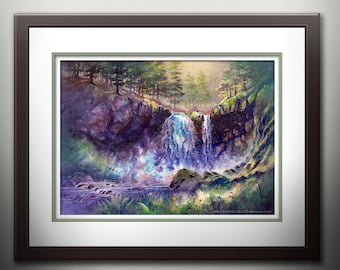 Sahalie Falls Watercolor Print, Pacific Northwest Waterfall Art