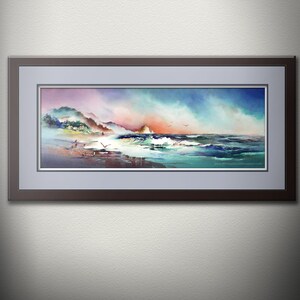 A Lazy Day at Cannon Beach Watercolor Art Print. Beach Painting. Oregon Coast. Haystack Rock. Orange. Blue. Blue Green. Sandy Beach. Ocean. image 6