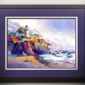 May include: A watercolor painting of a lighthouse on a cliff overlooking a stormy sea. The lighthouse is white with a red roof and is surrounded by colorful foliage. The sea is a vibrant blue with white waves crashing against the shore.