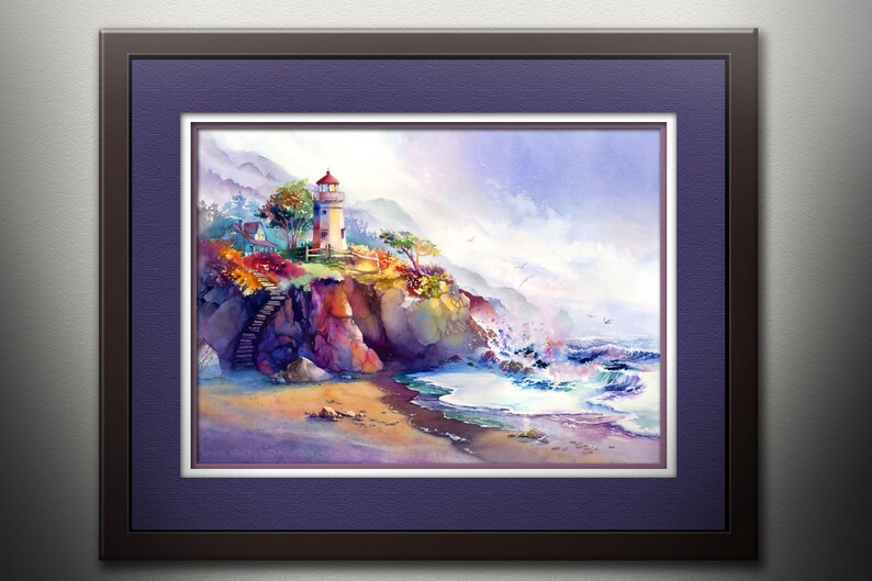 May include: A watercolor painting of a lighthouse on a cliff overlooking a stormy sea. The lighthouse is white with a red roof and is surrounded by colorful foliage. The sea is a vibrant blue with white waves crashing against the shore.