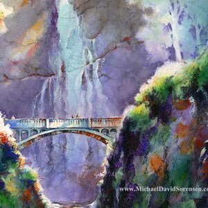 Peut inclure: Une peinture &agrave; l'aquarelle d'un pont au-dessus d'une cascade. Le pont est blanc avec une balustrade bleu clair et est arqu&eacute;. La cascade est en arri&egrave;re-plan et est de couleur bleu clair. La peinture est r&eacute;alis&eacute;e dans un style qui rappelle l'impressionnisme.