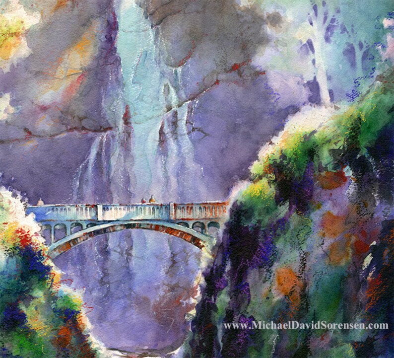 Peut inclure: Une peinture &agrave; l'aquarelle d'un pont au-dessus d'une cascade. Le pont est blanc avec une balustrade bleu clair et est arqu&eacute;. La cascade est en arri&egrave;re-plan et est de couleur bleu clair. La peinture est r&eacute;alis&eacute;e dans un style qui rappelle l'impressionnisme.