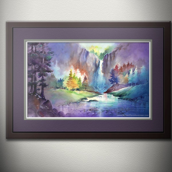 Hidden Falls - Watercolor PRINT. Whimsical Waterfall Landscape Painting. Colorful Trees, Falls, Stream. PNW Artist.