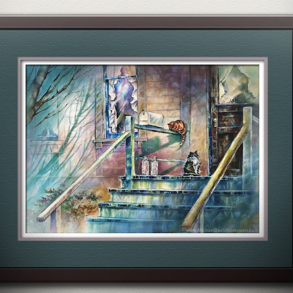 Waiting for Milkman Cat Watercolor Art Print, Orange Cat Wall Decor