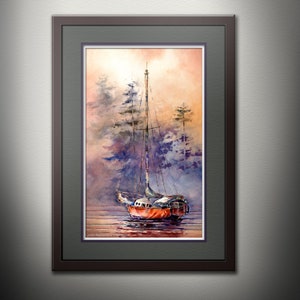 May include: Watercolor painting of a red sailboat with a white mast and sails, anchored in a misty, purple-hued forest. The sky is a soft orange and yellow.