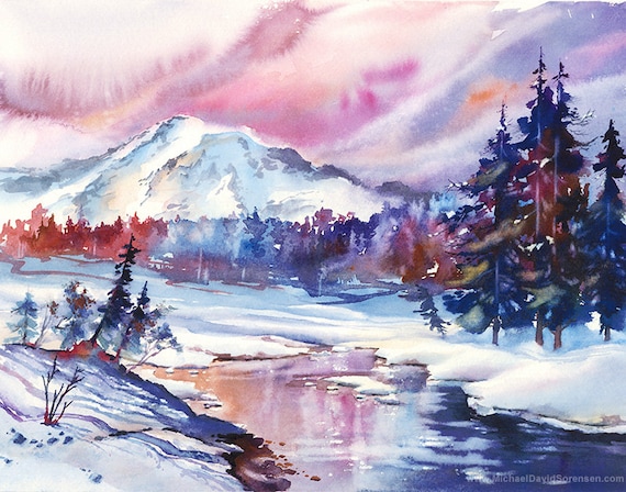 Paradise in the Winter Mt Rainier in the Snow Watercolor | Etsy