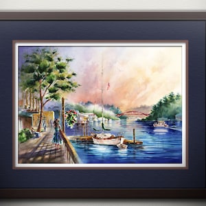 La Conner, Washington Waterfront Watercolor Art PRINT.  Rainbow Bridge Painting. Sailboat Print. Pacific Northwest Art. PNW Artist. Nautical