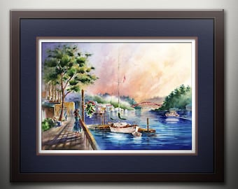 La Conner, Washington Waterfront Watercolor Art PRINT.  Rainbow Bridge Painting. Sailboat Print. Pacific Northwest Art. PNW Artist. Nautical