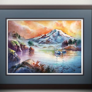 First Light at Mount Rainier - IMPRESSION aquarelle par Michael David Sorensen. Mont Rainy. Mont Rainier. Voiliers. Détroit de Puget. Nord-ouest du Pacifique