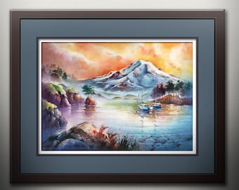 First Light at Mount Rainier -Watercolor PRINT by Michael David Sorensen. Mt Rainy. Mount Rainier. Sailboats. Puget Sound. Pacific Northwest