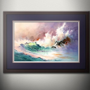 Coastal Wave Watercolor Art PRINT - Beach House Seascape