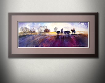 Cowboy Watercolor Art Print, Western Landscape, Horse and Cattle