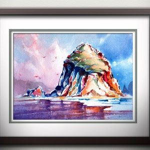 Peut inclure: Peinture à l'aquarelle d'une grande formation rocheuse à l'aspect coloré et stratifié. Le rocher est entouré d'eau et d'un ciel bleu avec des nuages blancs. De petits oiseaux rouges volent dans le ciel.