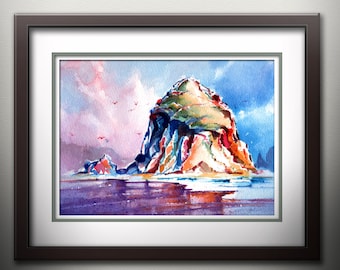 Before Sunset - Haystack Rock -Watercolor PRINT. Cannon Beach Oregon Painting. Seascape Watercolor Painting. Oregon Coast. Pacific Northwest