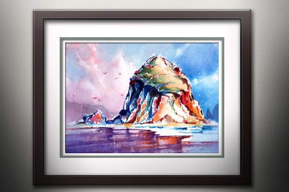 Haystack Rock Watercolor Print – Cannon Beach Seascape Art