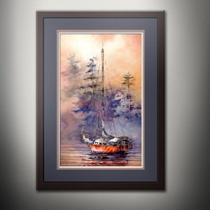 May include: A watercolor painting of a red sailboat in a foggy forest setting. The sailboat is in the foreground, with the trees in the background. The sky is a soft orange and yellow.