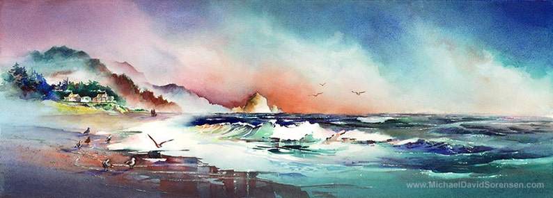 A Lazy Day at Cannon Beach Watercolor Art Print. Beach Painting. Oregon Coast. Haystack Rock. Orange. Blue. Blue Green. Sandy Beach. Ocean. image 2