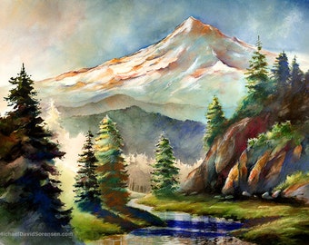 【DISCERNMENT】Water painting standard painting hood Mount Hood Wall Art, Mt Hood PRINT, Mt. Hood Wall Decor