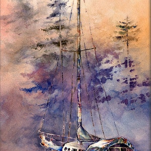 May include: A watercolor painting of a sailboat docked in a foggy harbor. The sailboat is red and white with a green canvas cover. The background is a hazy blue and purple with a few trees visible.